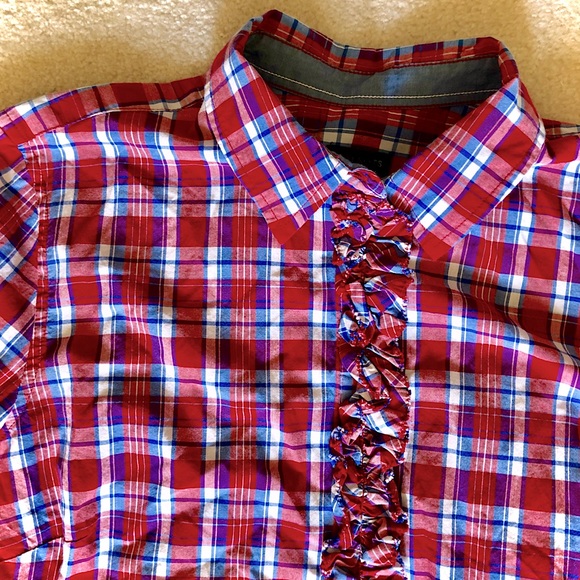 Talbots Ruffle Plaid Top Blue & Red - Picture 2 of 7